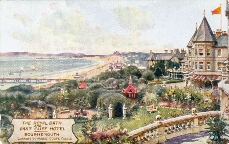 Postcard from the Russell-Cotes collection looking at the view from the museum terrace. Pictured in the garden is one of the four original Victorian red children’s pavilions (summerhouses)